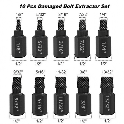 Tracybrug 10PCS damaged bolt extractor set, ten sizes from 1/8 to 13/32 inch on 1/2 inch hex bodies
