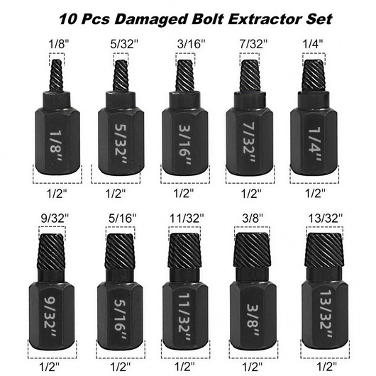 Tracybrug 10PCS damaged bolt extractor set, ten sizes from 1/8 to 13/32 inch on 1/2 inch hex bodies