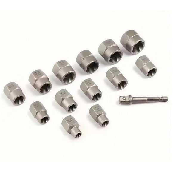Thirteen Tracybrug extractor sockets and the 1/4 inch hex drive adapter laid out